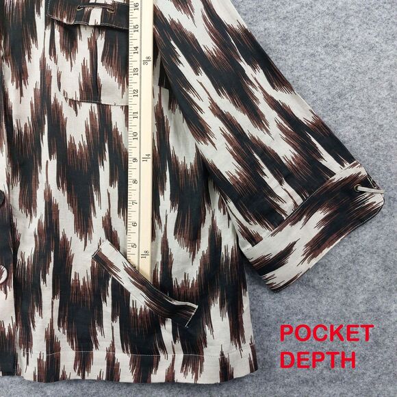 Chicos Top Jacket Sz 3 Linen Brown 3/4 Sleeve Button Pockets Modern Lagenlook - Picture 7 of 10